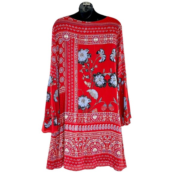 ANTHRO Vanessa Virginia Isabelle Red Silk Floral Bell Sleeves Size 12 - Picture 5 of 9